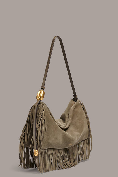 Donna Karan VELVET LARGE FRINGE SHOULDER BAG