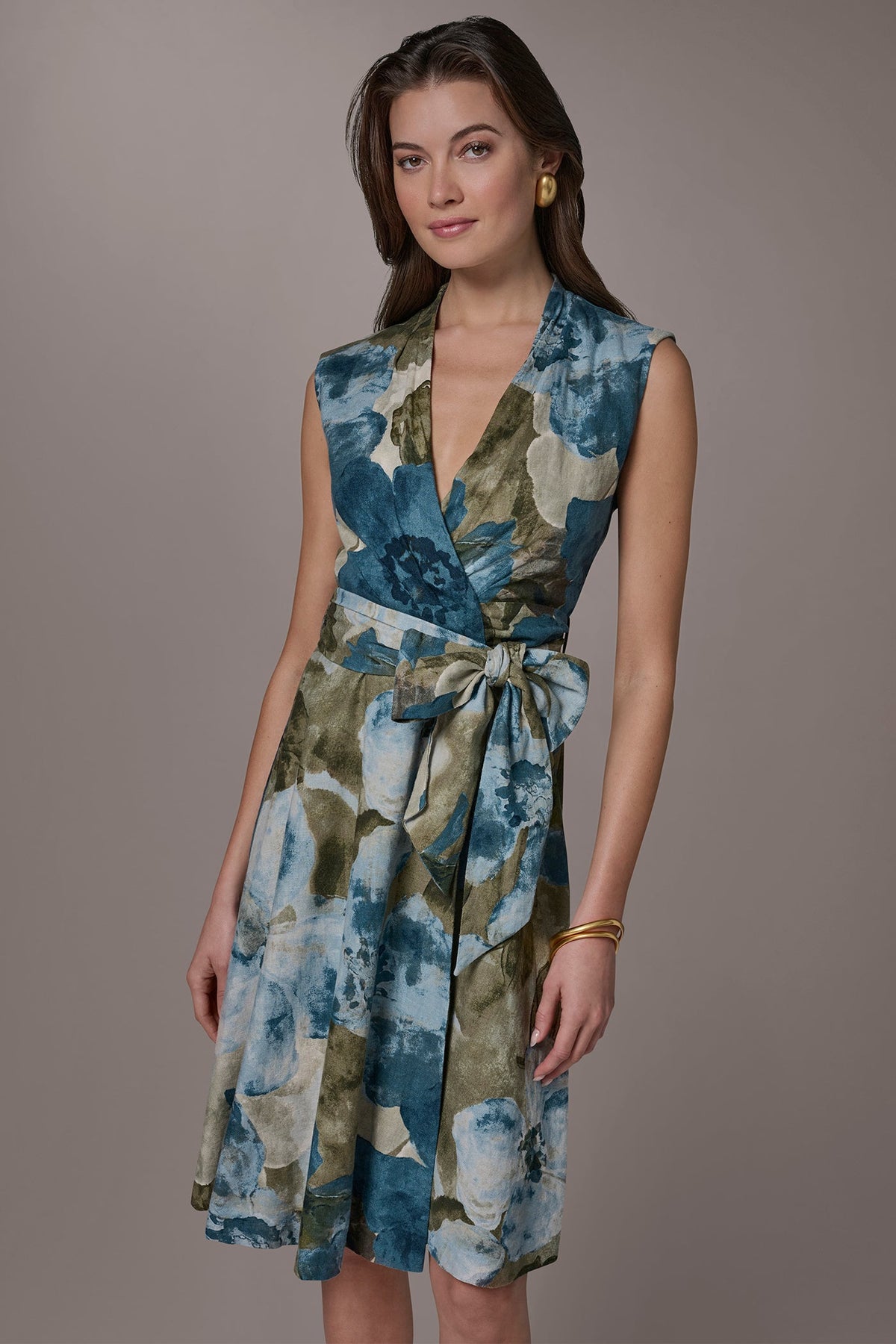 Donna Karan LINEN-BLEND SLEEVELESS FLORAL WRAP A-LINE DRESS