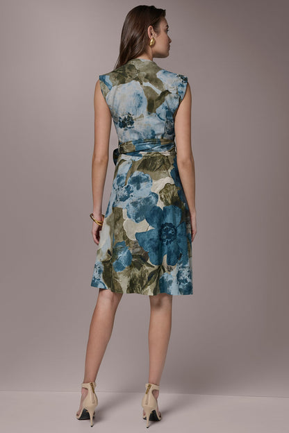 Donna Karan LINEN-BLEND SLEEVELESS FLORAL WRAP A-LINE DRESS