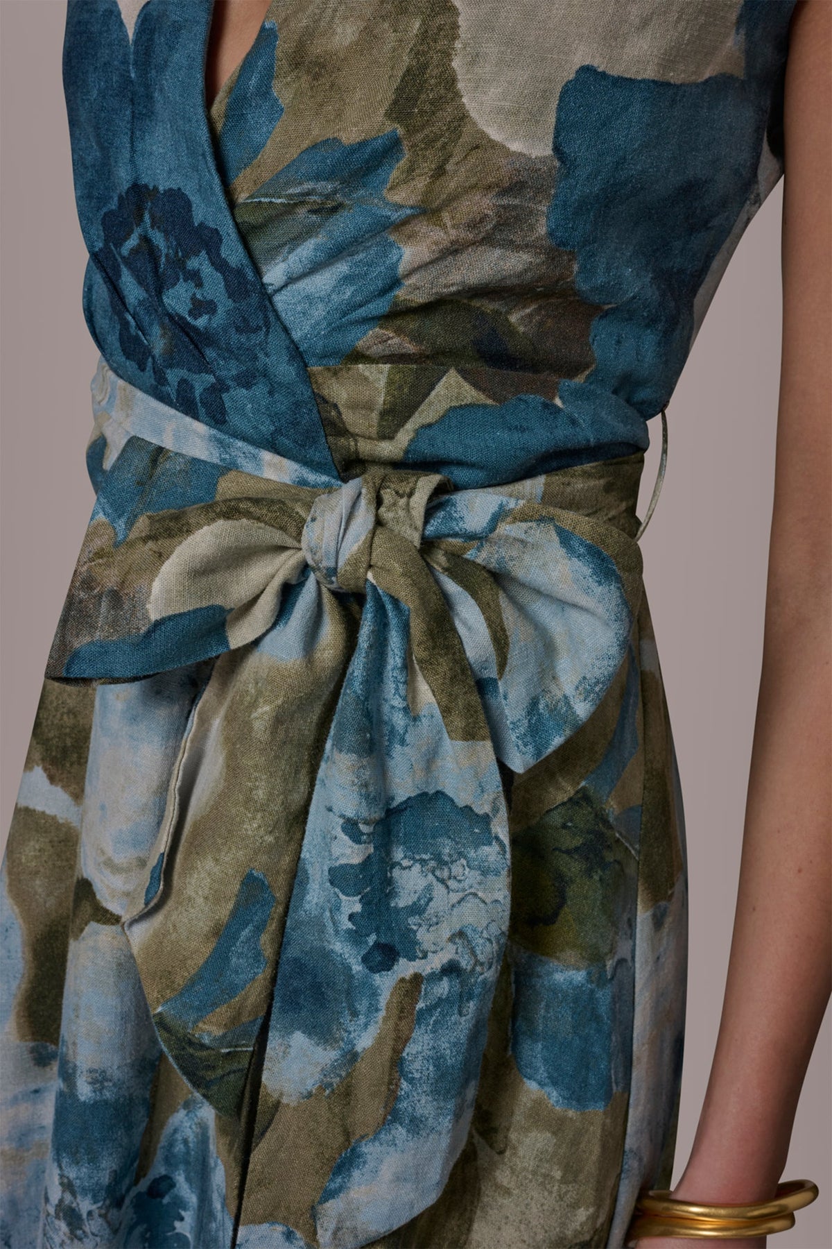 Donna Karan LINEN-BLEND SLEEVELESS FLORAL WRAP A-LINE DRESS