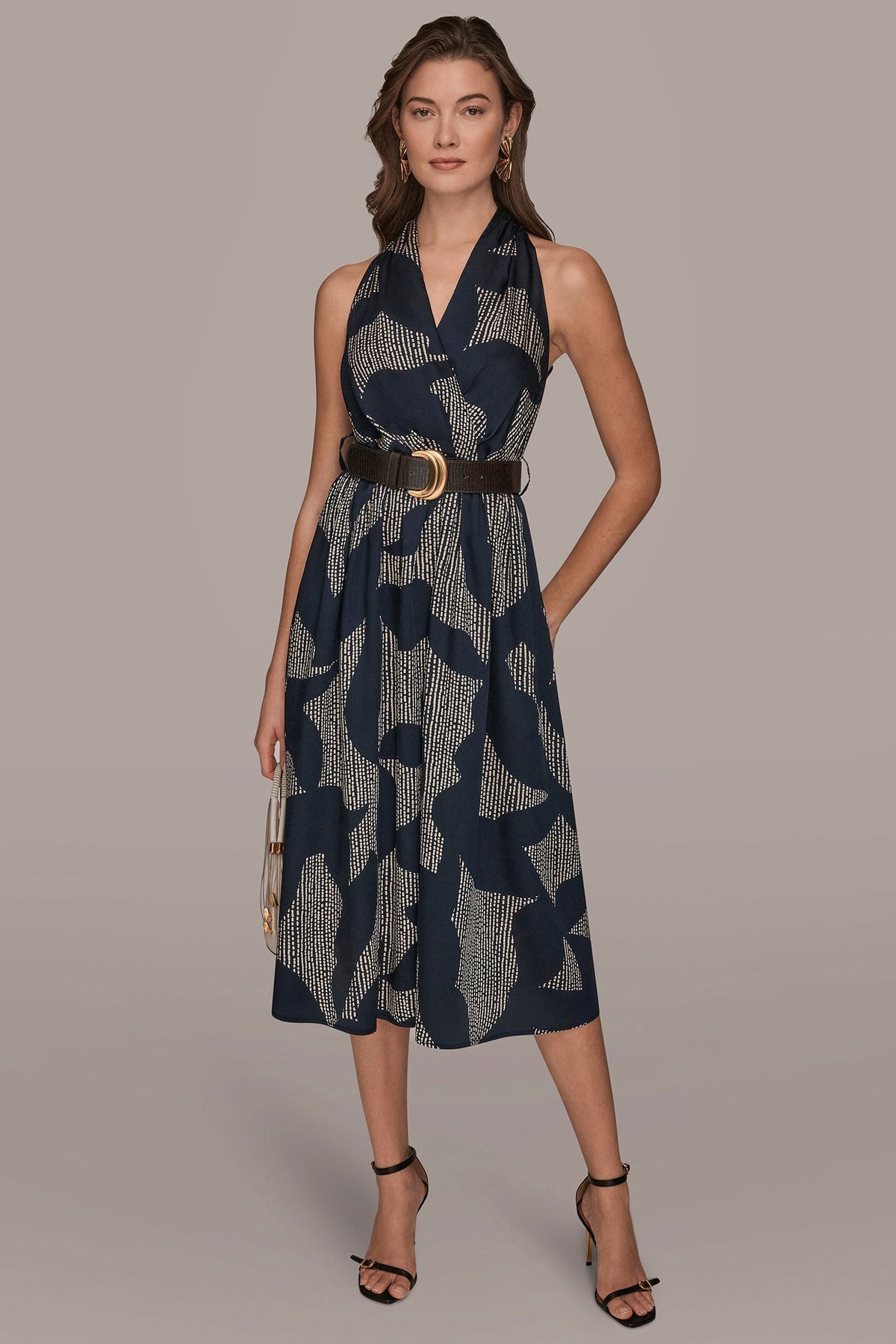 Donna Karan PRINTED WRAP MIDI HALTER DRESS
