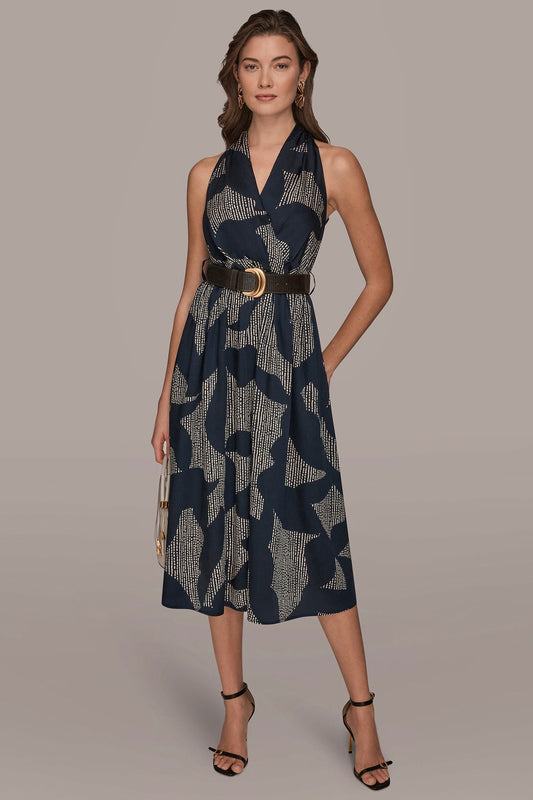 Donna Karan PRINTED WRAP MIDI HALTER DRESS