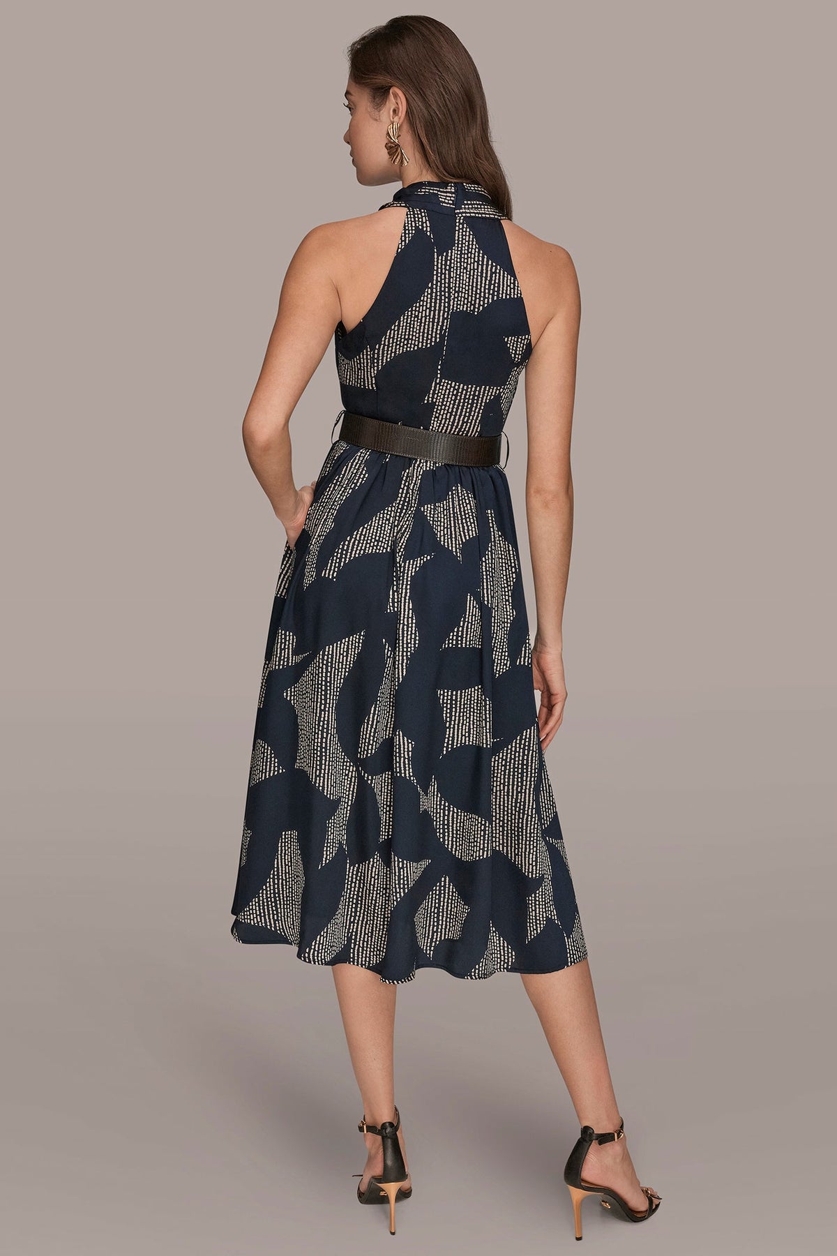 Donna Karan PRINTED WRAP MIDI HALTER DRESS