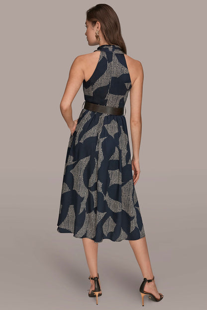 Donna Karan PRINTED WRAP MIDI HALTER DRESS