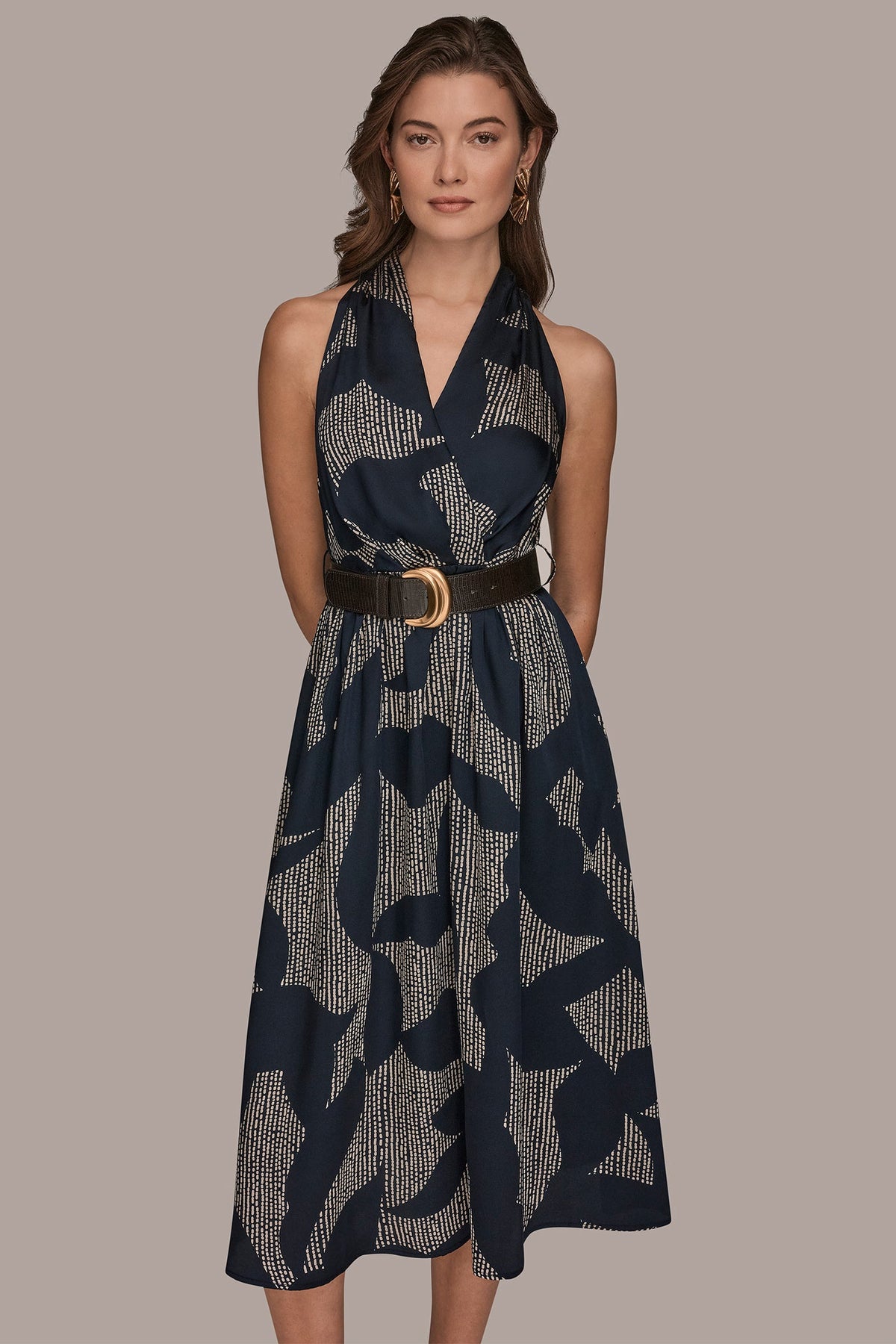 Donna Karan PRINTED WRAP MIDI HALTER DRESS