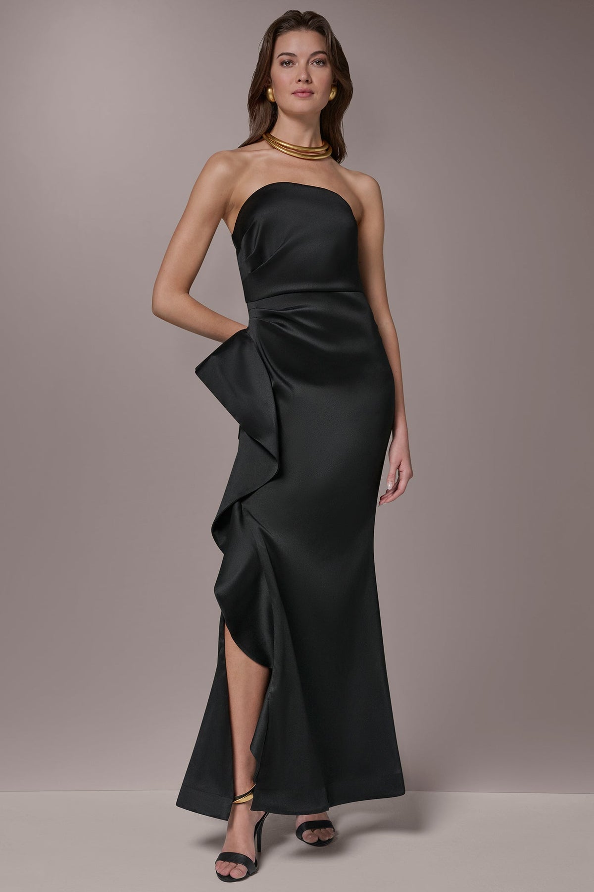 Donna Karan TAFFETA STRAPLESS RUFFLE GOWN