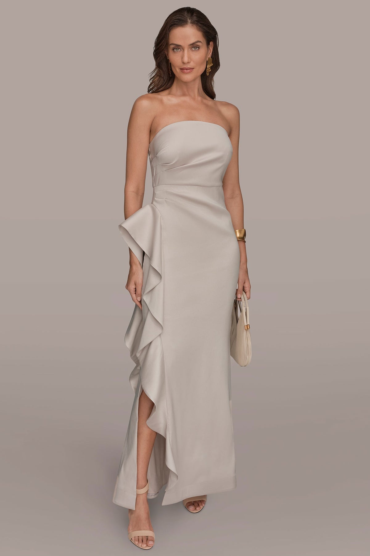 Donna Karan TAFFETA STRAPLESS RUFFLE GOWN