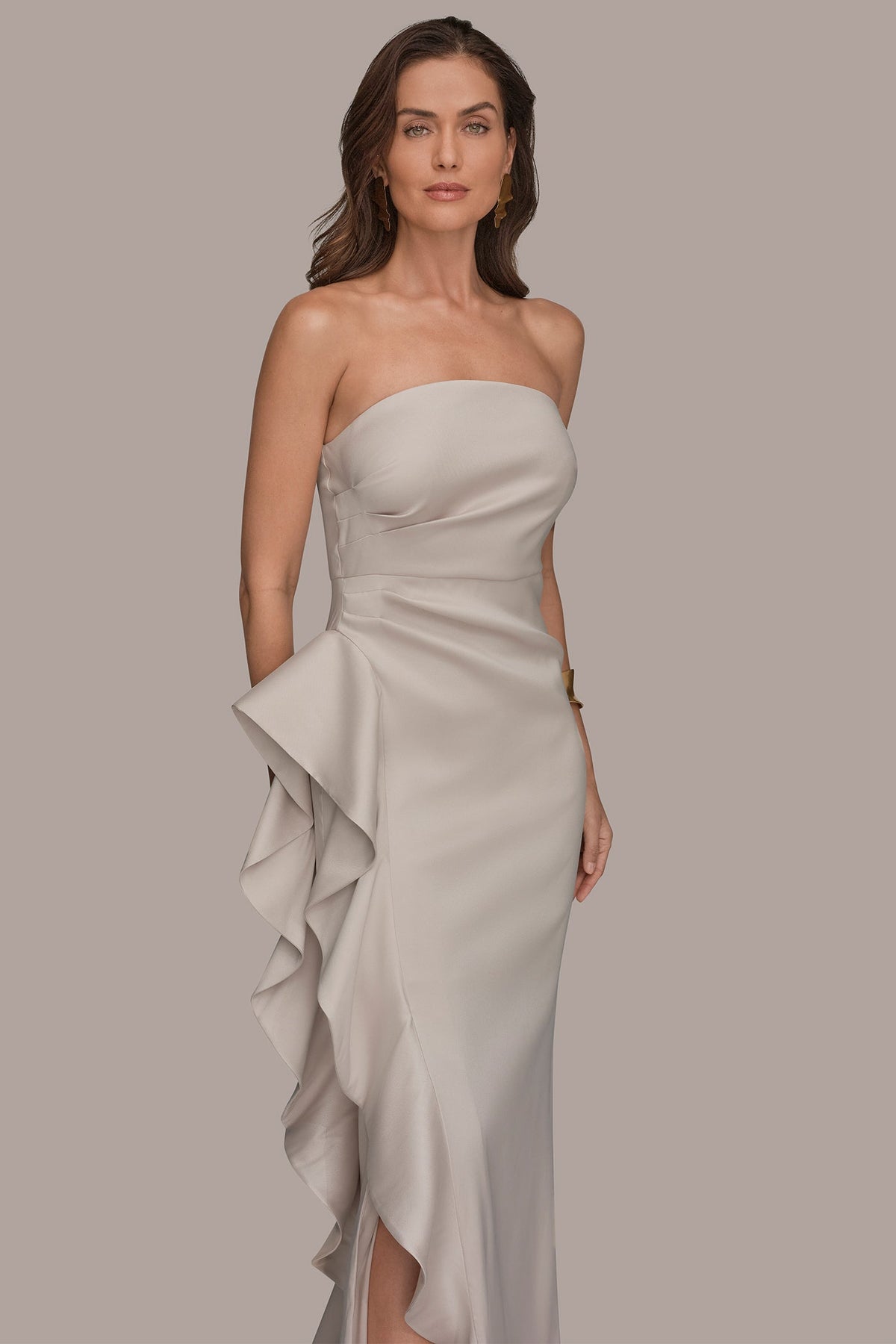 Donna Karan TAFFETA STRAPLESS RUFFLE GOWN