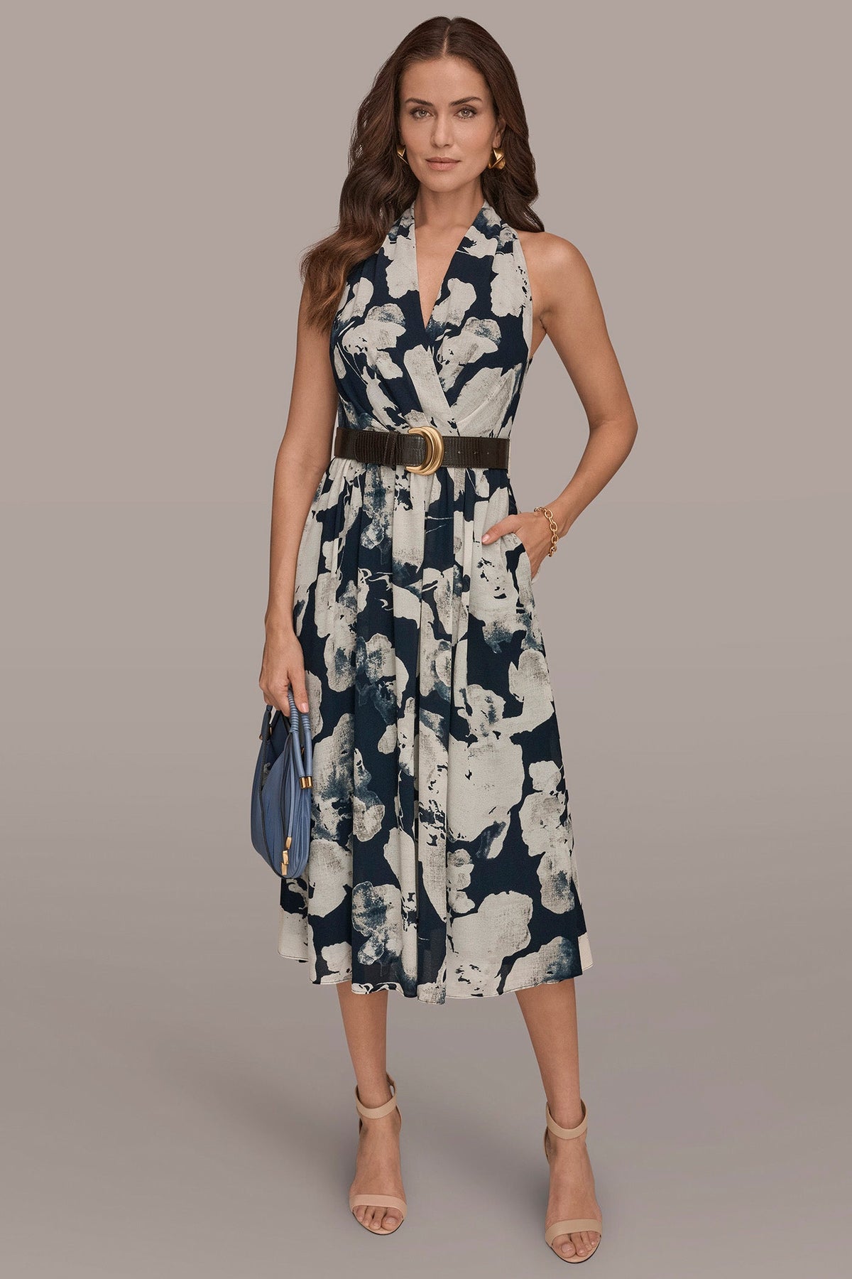 Donna Karan CHIFFON FLORAL MIDI HALTER DRESS