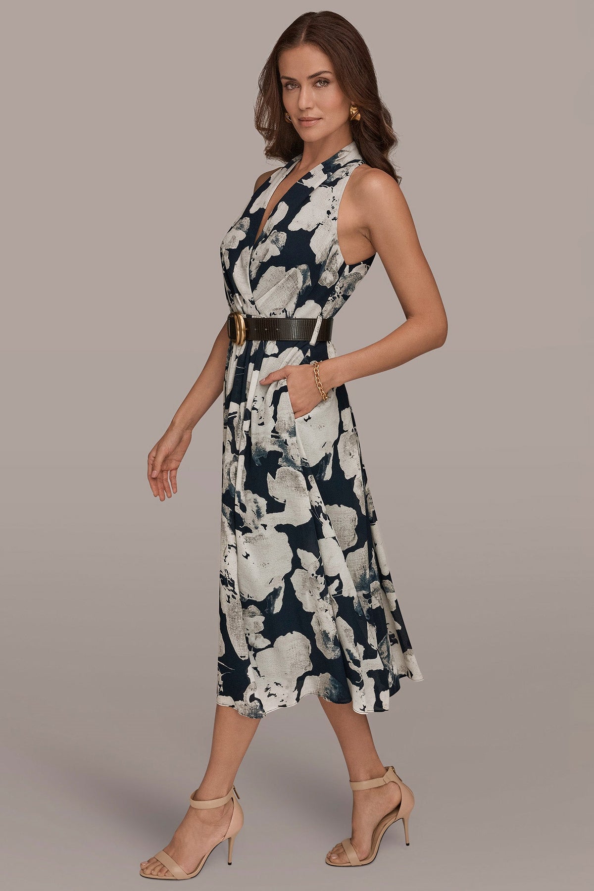 Donna Karan CHIFFON FLORAL MIDI HALTER DRESS