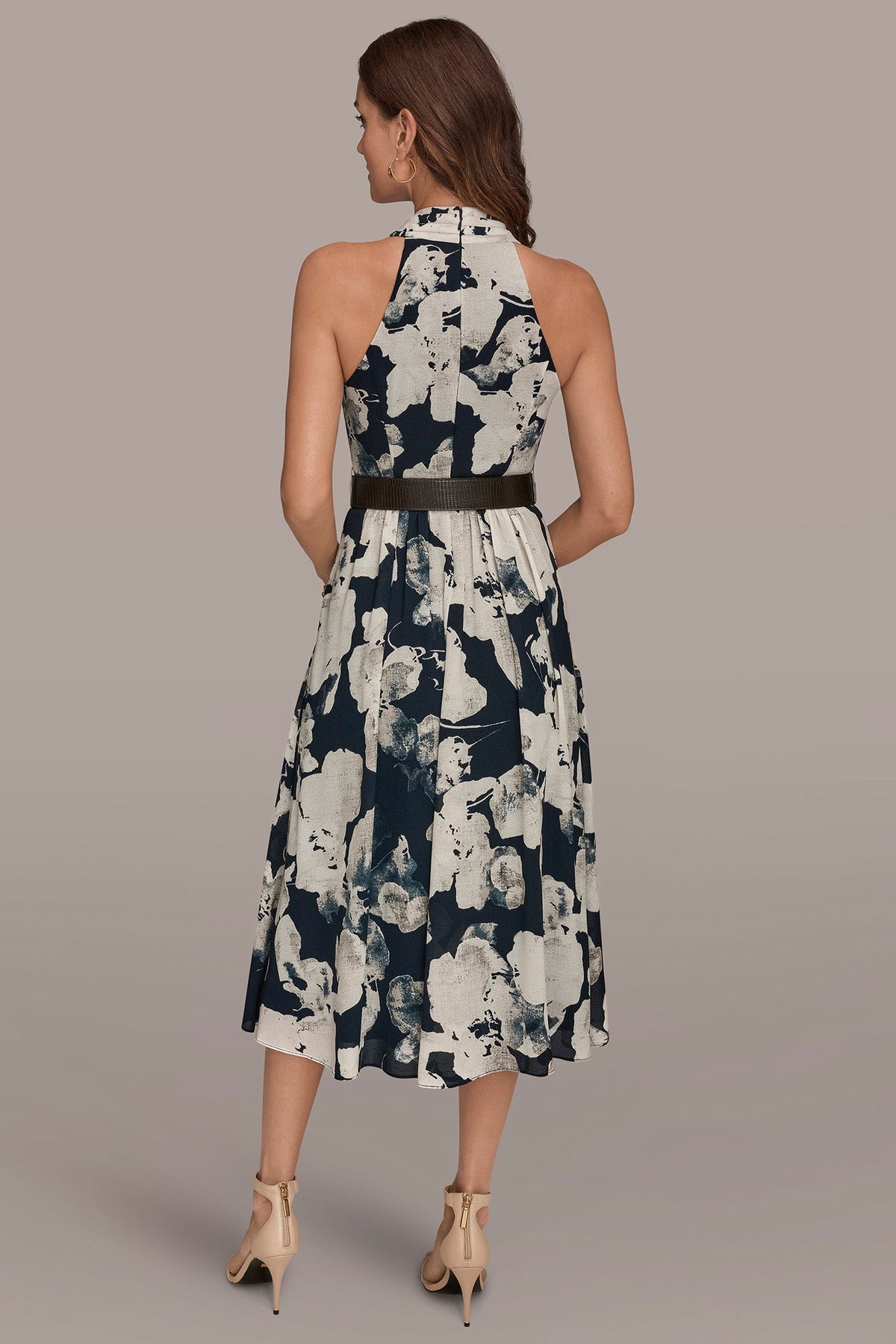 Donna Karan CHIFFON FLORAL MIDI HALTER DRESS