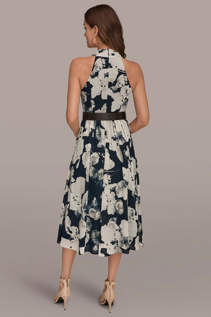 Donna Karan CHIFFON FLORAL MIDI HALTER DRESS