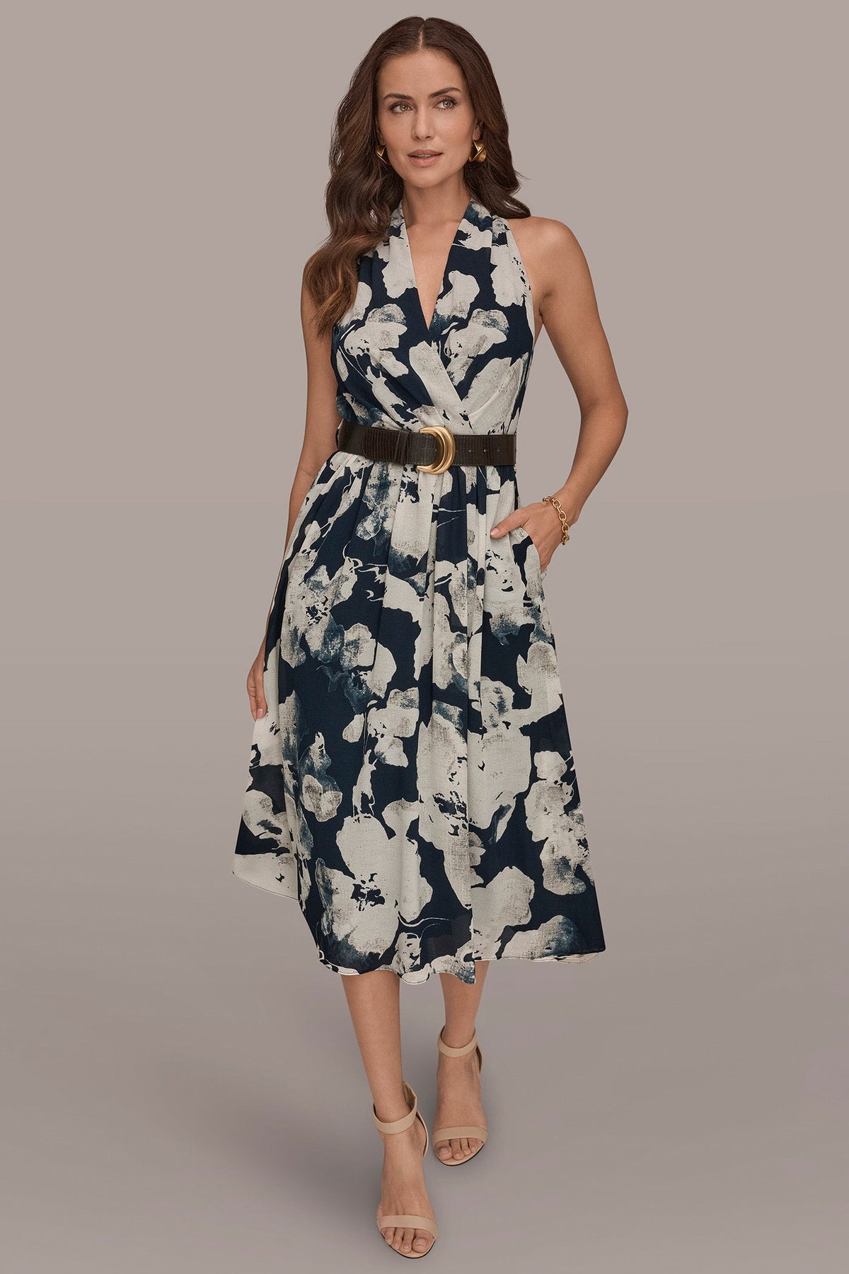 Donna Karan CHIFFON FLORAL MIDI HALTER DRESS