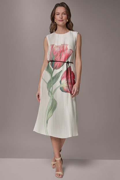 Donna Karan FLORAL PLEATED MIDI A-LINE DRESS