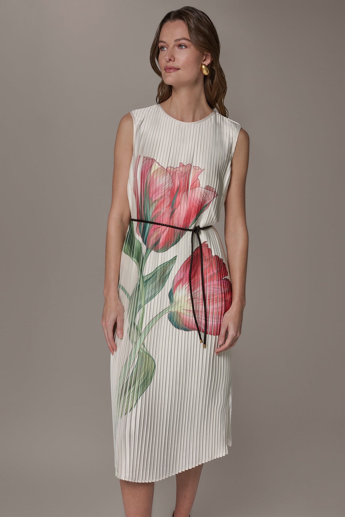 Donna Karan FLORAL PLEATED MIDI A-LINE DRESS