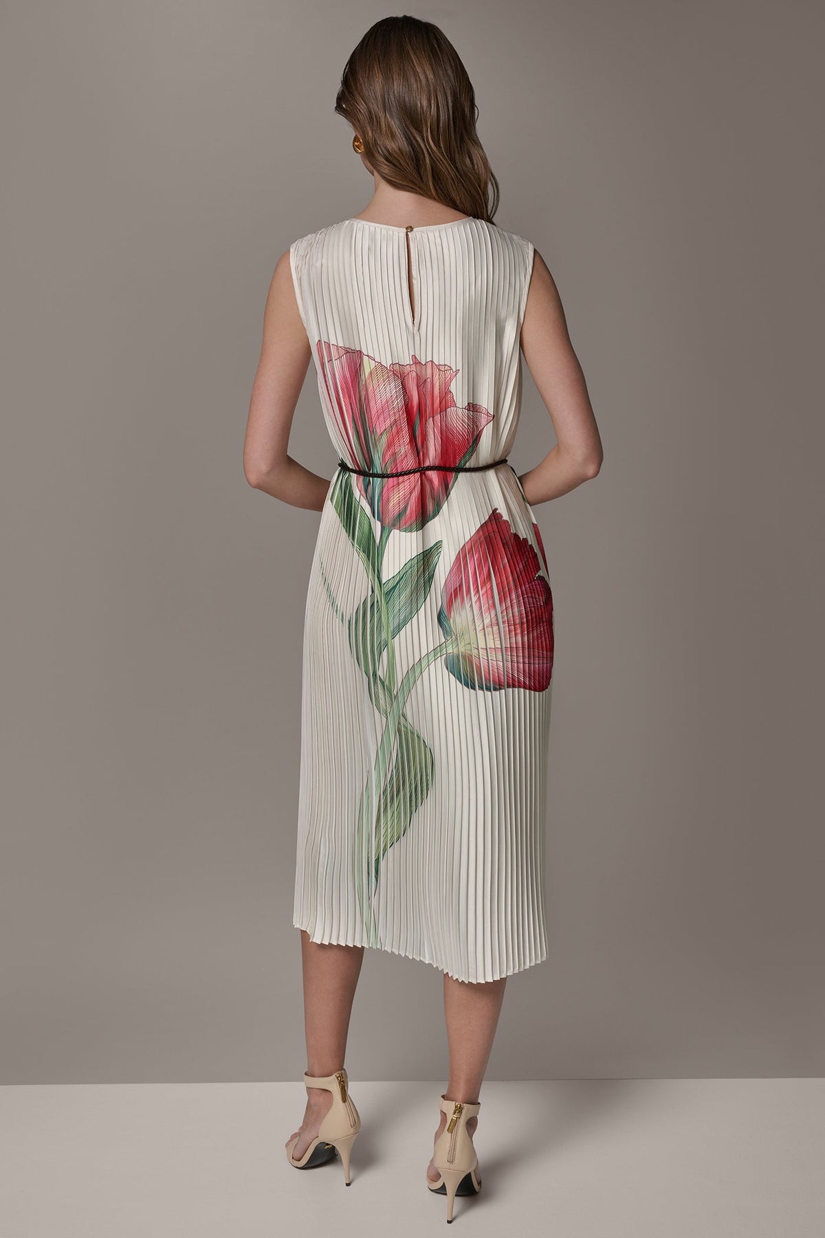 Donna Karan FLORAL PLEATED MIDI A-LINE DRESS