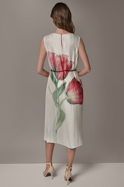 Donna Karan FLORAL PLEATED MIDI A-LINE DRESS