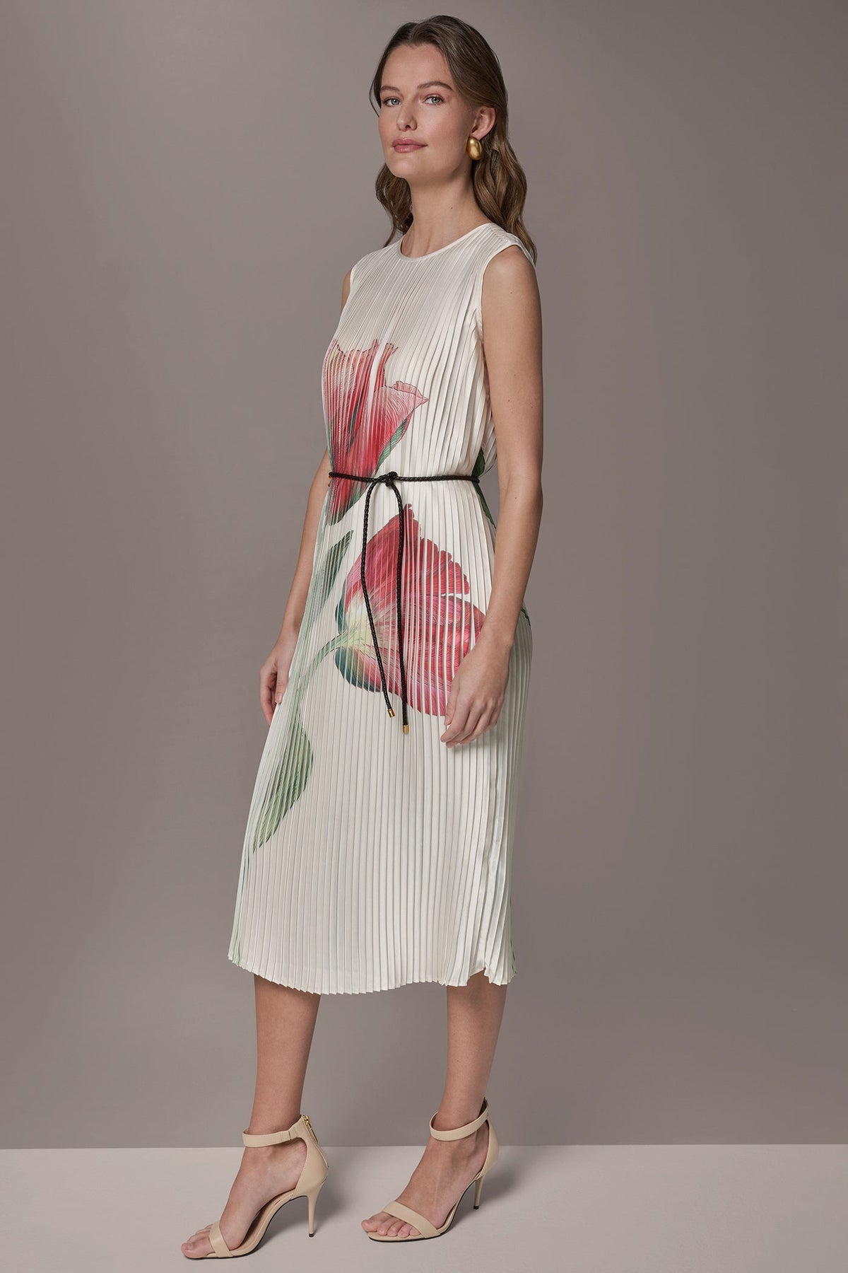 Donna Karan FLORAL PLEATED MIDI A-LINE DRESS