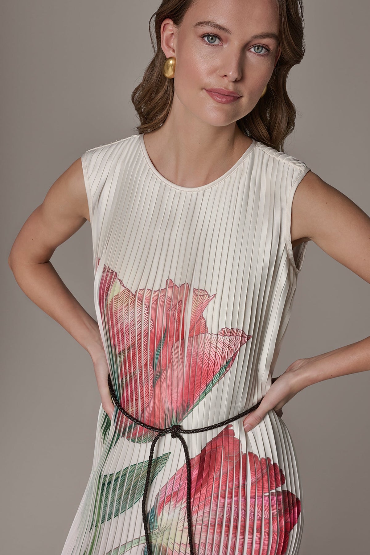 Donna Karan FLORAL PLEATED MIDI A-LINE DRESS