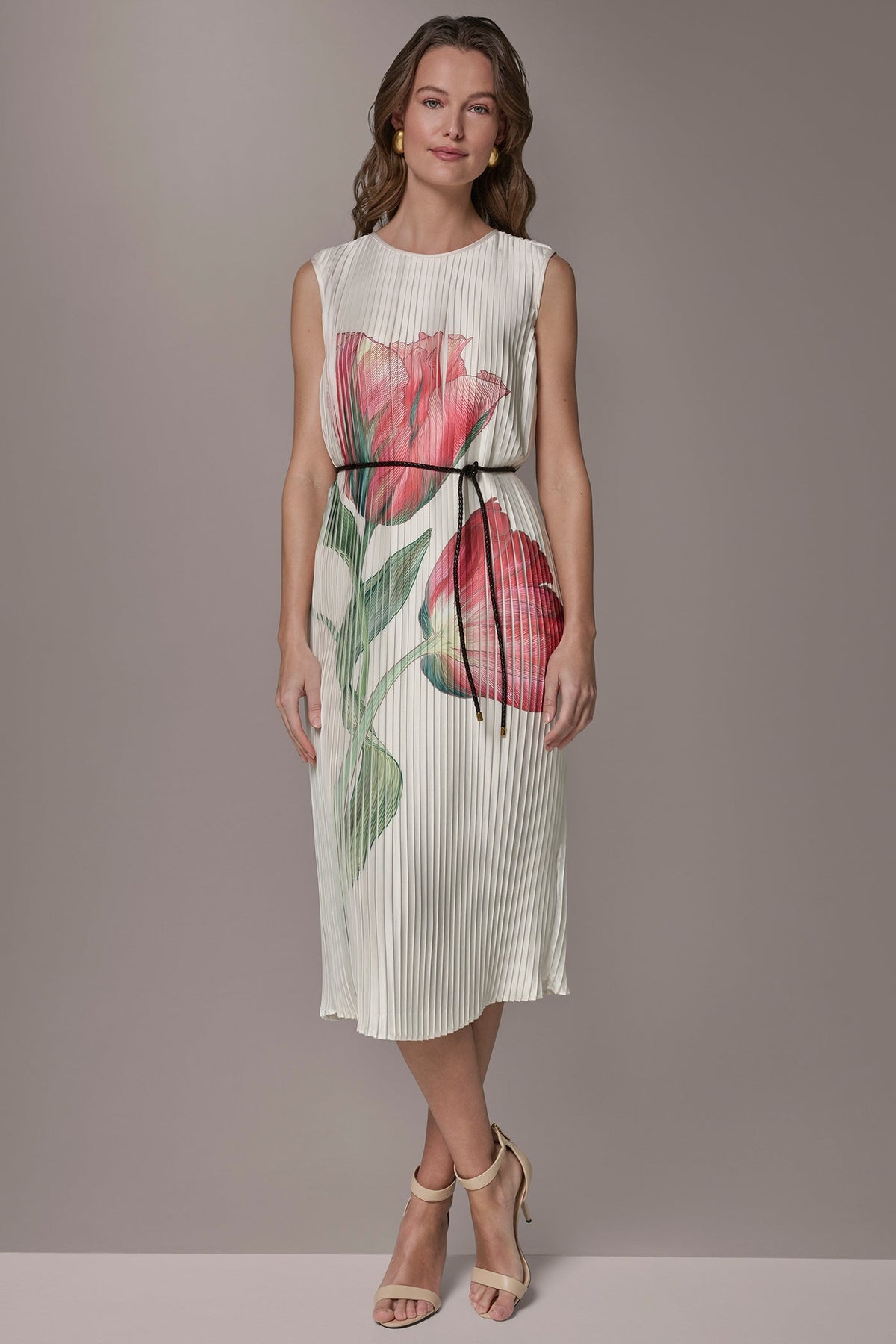 Donna Karan FLORAL PLEATED MIDI A-LINE DRESS