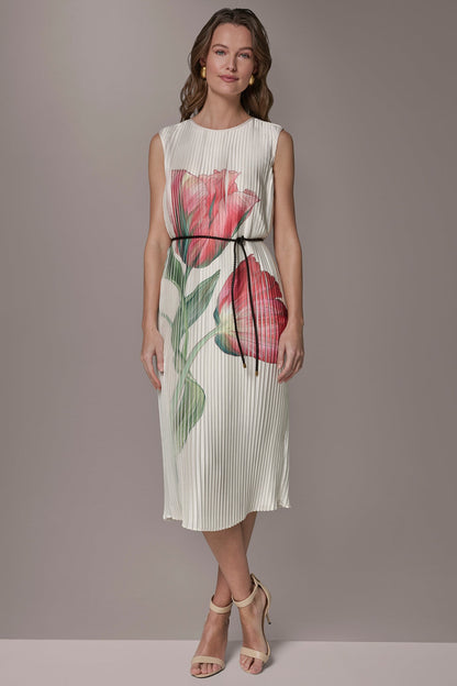Donna Karan FLORAL PLEATED MIDI A-LINE DRESS