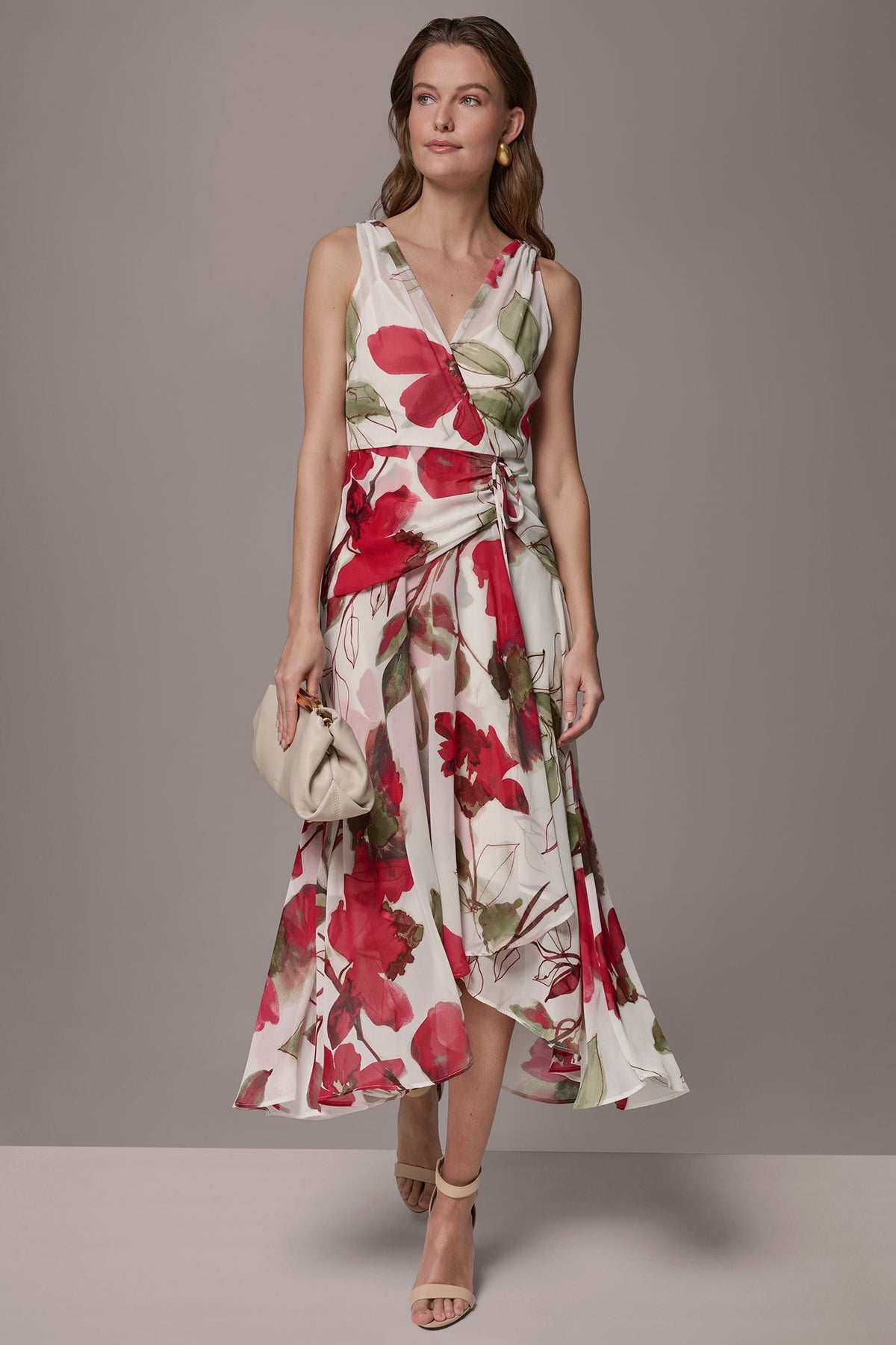 Donna Karan CHIFFON FLORAL WRAP MIDI A-LINE DRESS