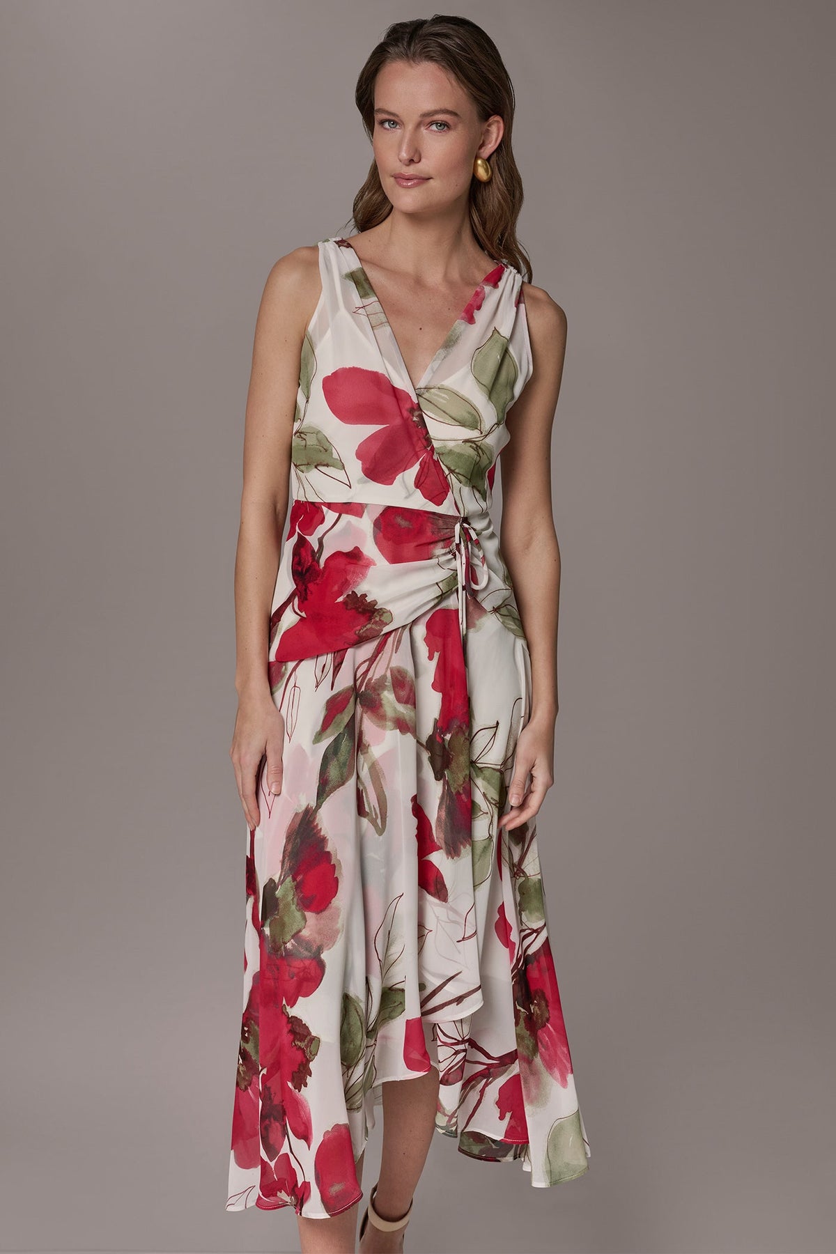 Donna Karan CHIFFON FLORAL WRAP MIDI A-LINE DRESS