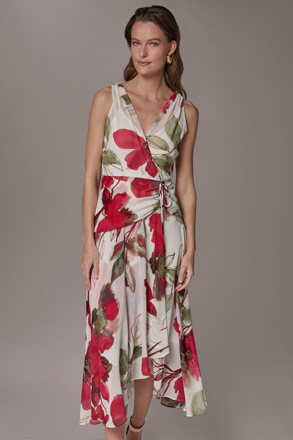 Donna Karan CHIFFON FLORAL WRAP MIDI A-LINE DRESS