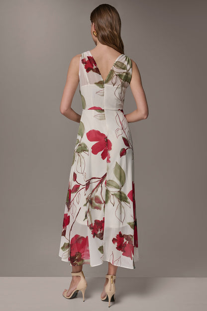 Donna Karan CHIFFON FLORAL WRAP MIDI A-LINE DRESS