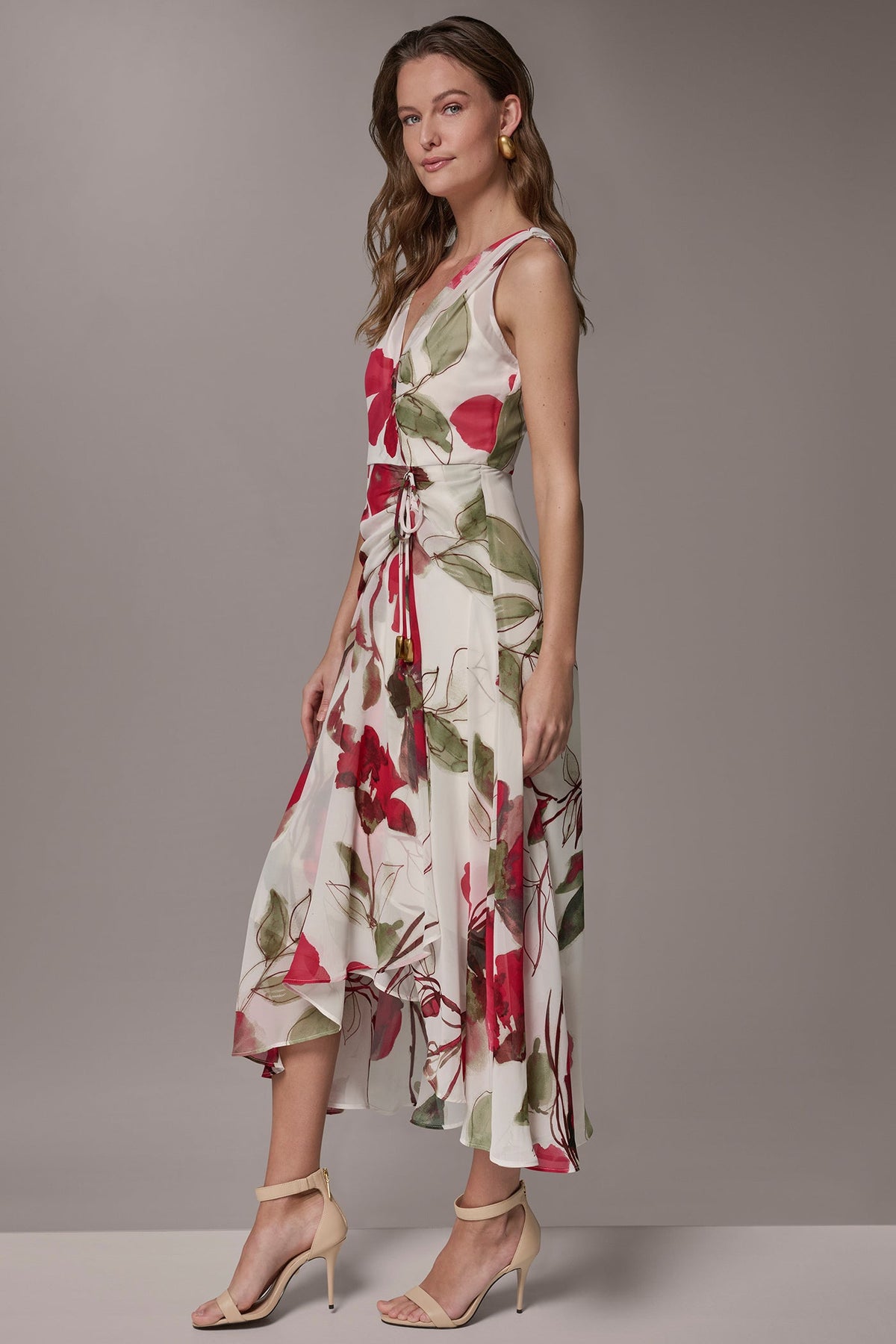 Donna Karan CHIFFON FLORAL WRAP MIDI A-LINE DRESS