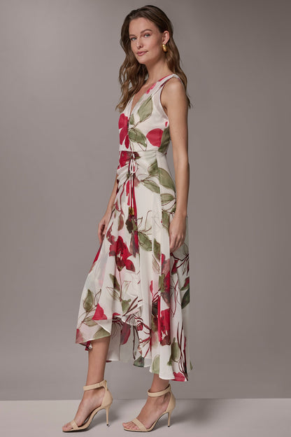 Donna Karan CHIFFON FLORAL WRAP MIDI A-LINE DRESS