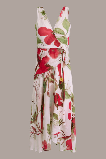 Donna Karan CHIFFON FLORAL WRAP MIDI A-LINE DRESS
