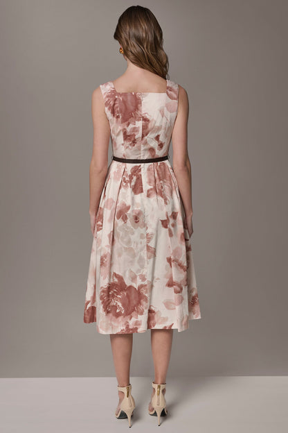 Donna Karan COTTON-SATEEN FLORAL MIDI A-LINE DRESS