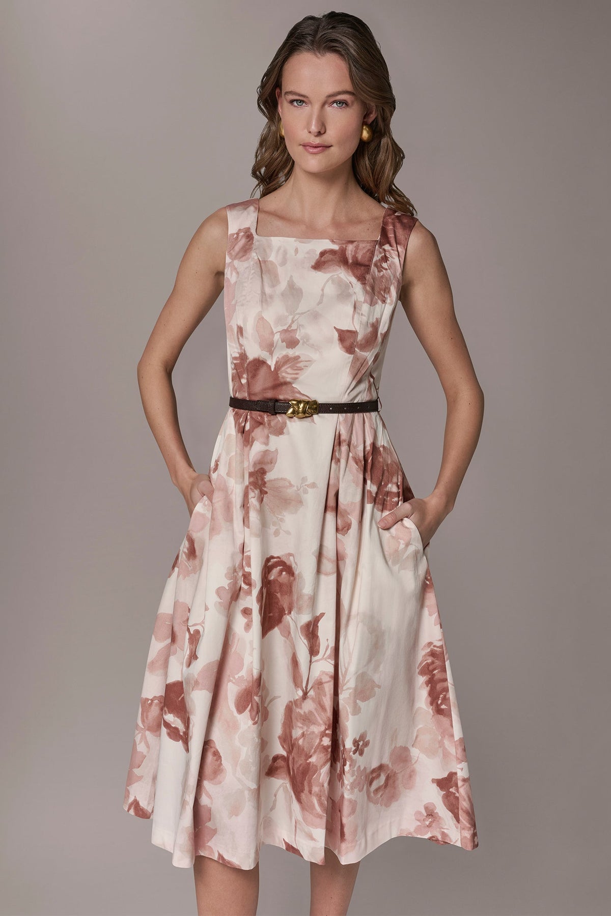 Donna Karan COTTON-SATEEN FLORAL MIDI A-LINE DRESS