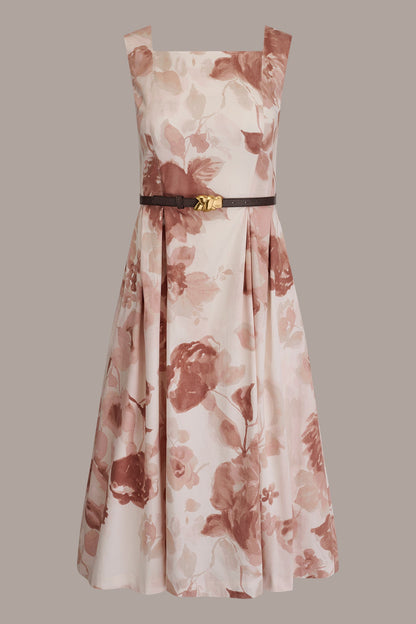 Donna Karan COTTON-SATEEN FLORAL MIDI A-LINE DRESS