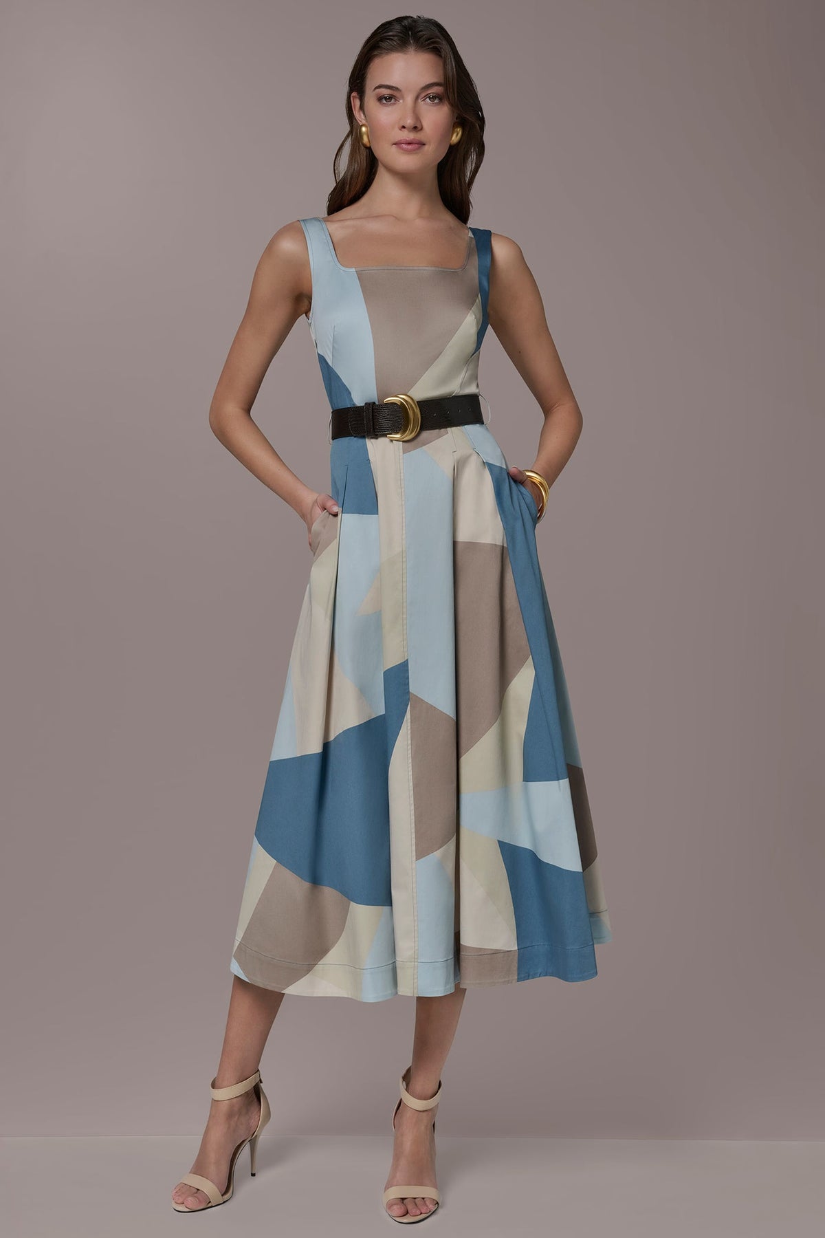 Donna Karan STRETCH-COTTON SLEEVELESS PRINTED MIDI DRESS