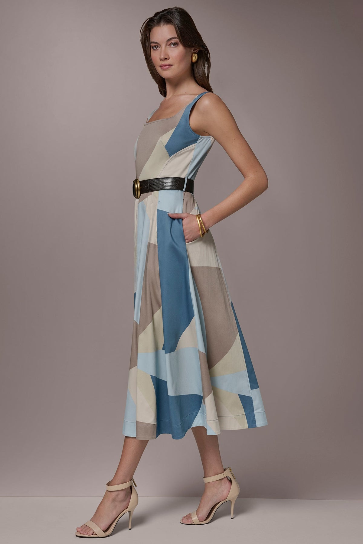 Donna Karan STRETCH-COTTON SLEEVELESS PRINTED MIDI DRESS
