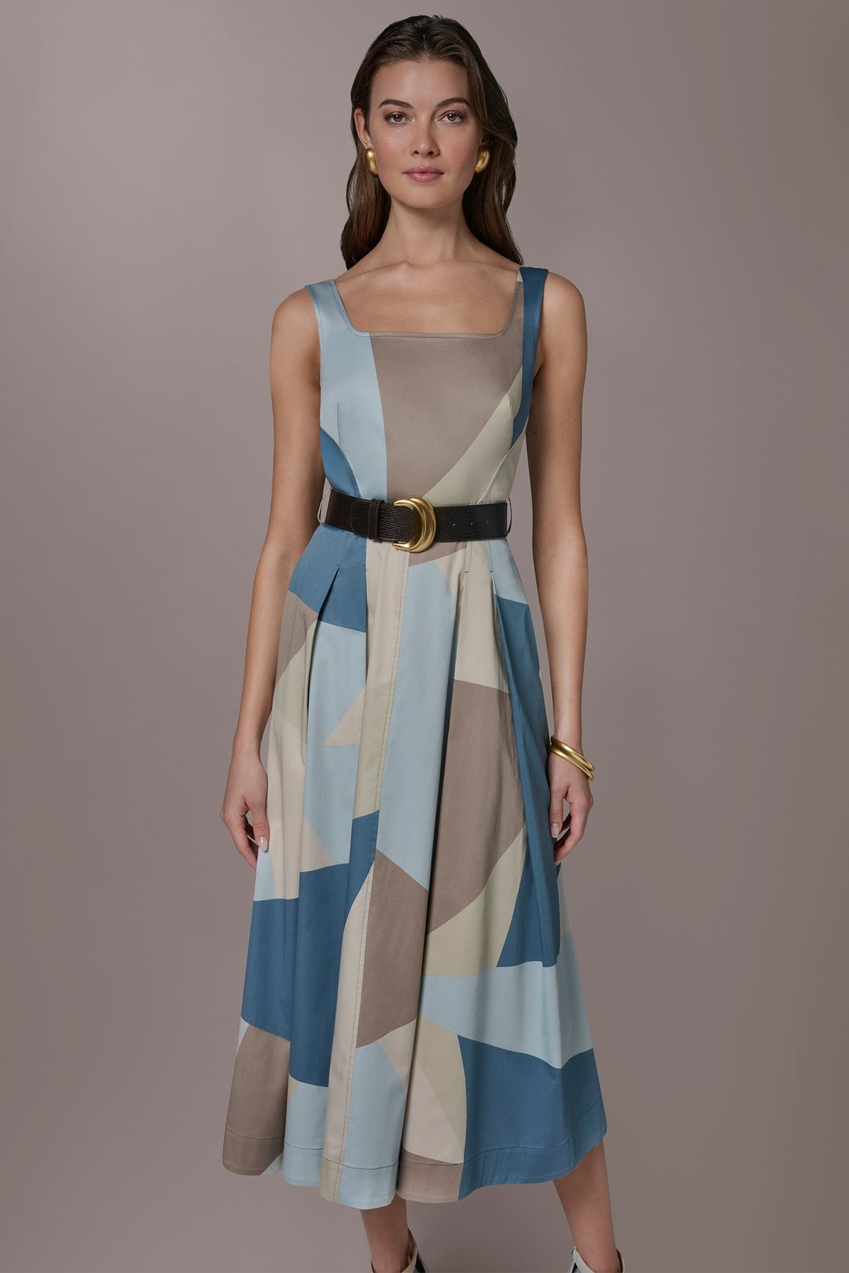 Donna Karan STRETCH-COTTON SLEEVELESS PRINTED MIDI DRESS