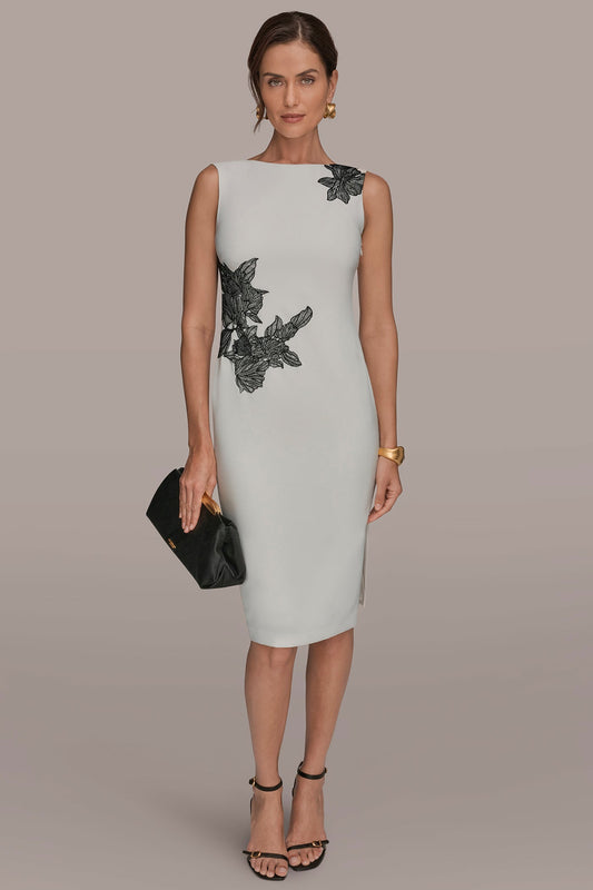 Donna Karan FLORAL APPLIQUÉ SLEEVELESS COWL-BACK SHEATH DRESS