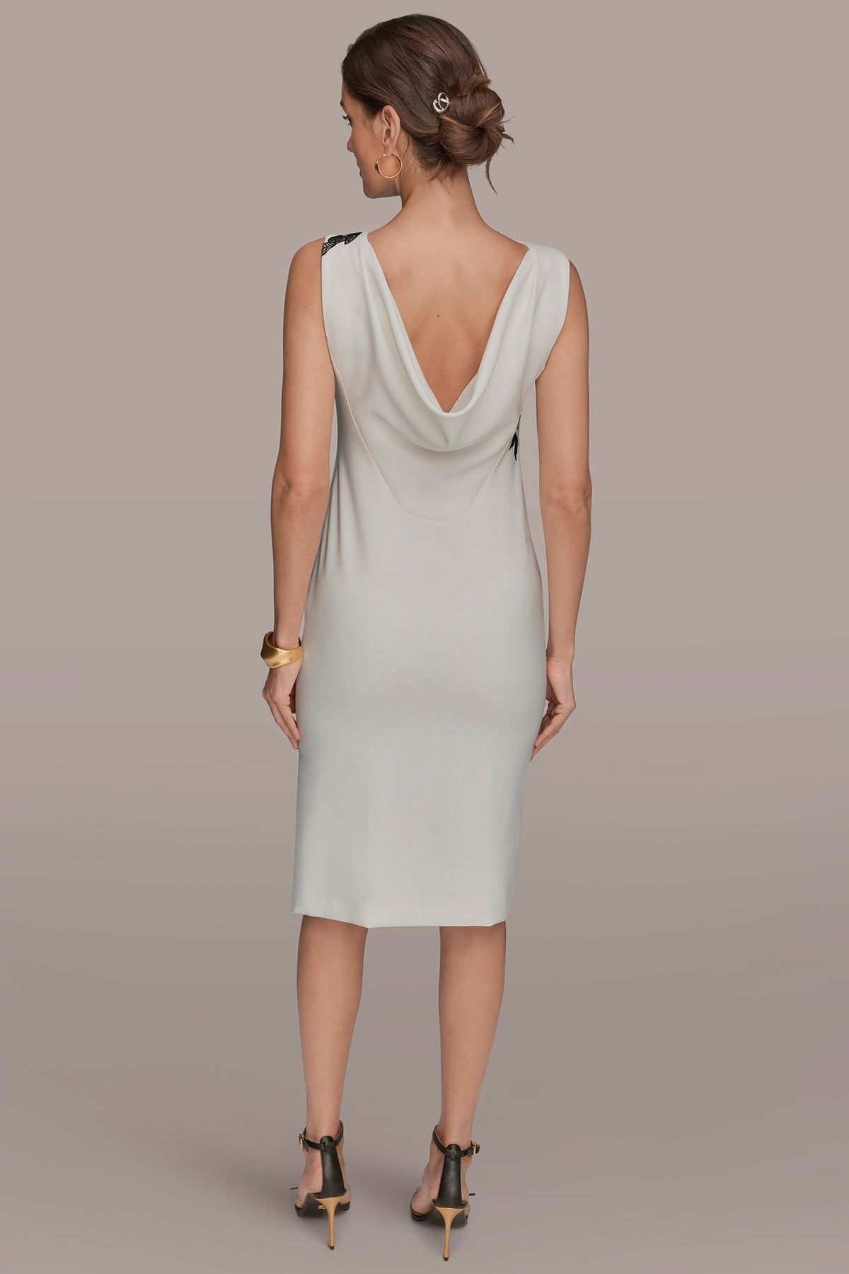 Donna Karan FLORAL APPLIQUÉ SLEEVELESS COWL-BACK SHEATH DRESS