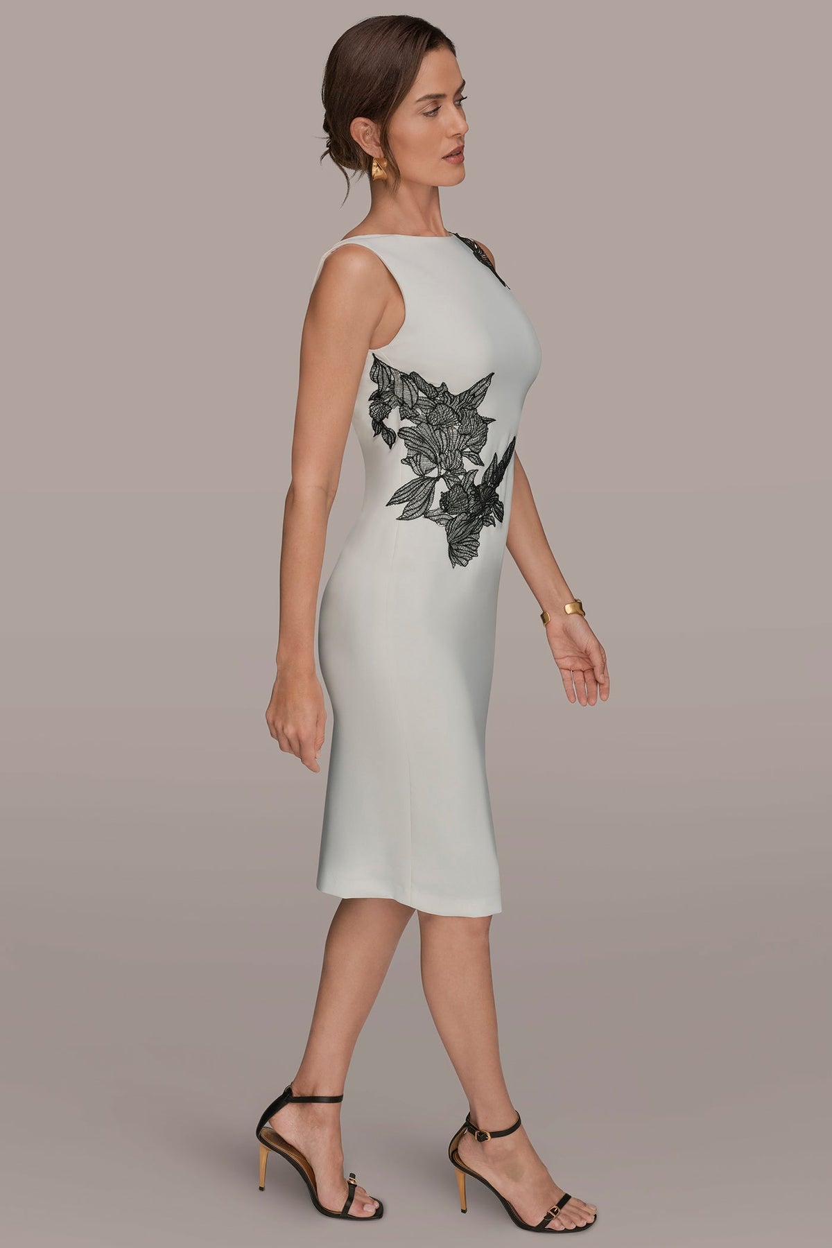Donna Karan FLORAL APPLIQUÉ SLEEVELESS COWL-BACK SHEATH DRESS