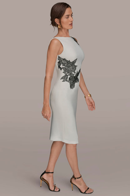 Donna Karan FLORAL APPLIQUÉ SLEEVELESS COWL-BACK SHEATH DRESS