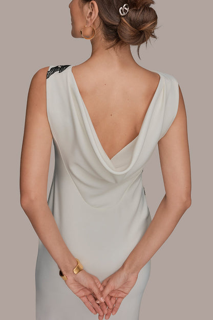 Donna Karan FLORAL APPLIQUÉ SLEEVELESS COWL-BACK SHEATH DRESS