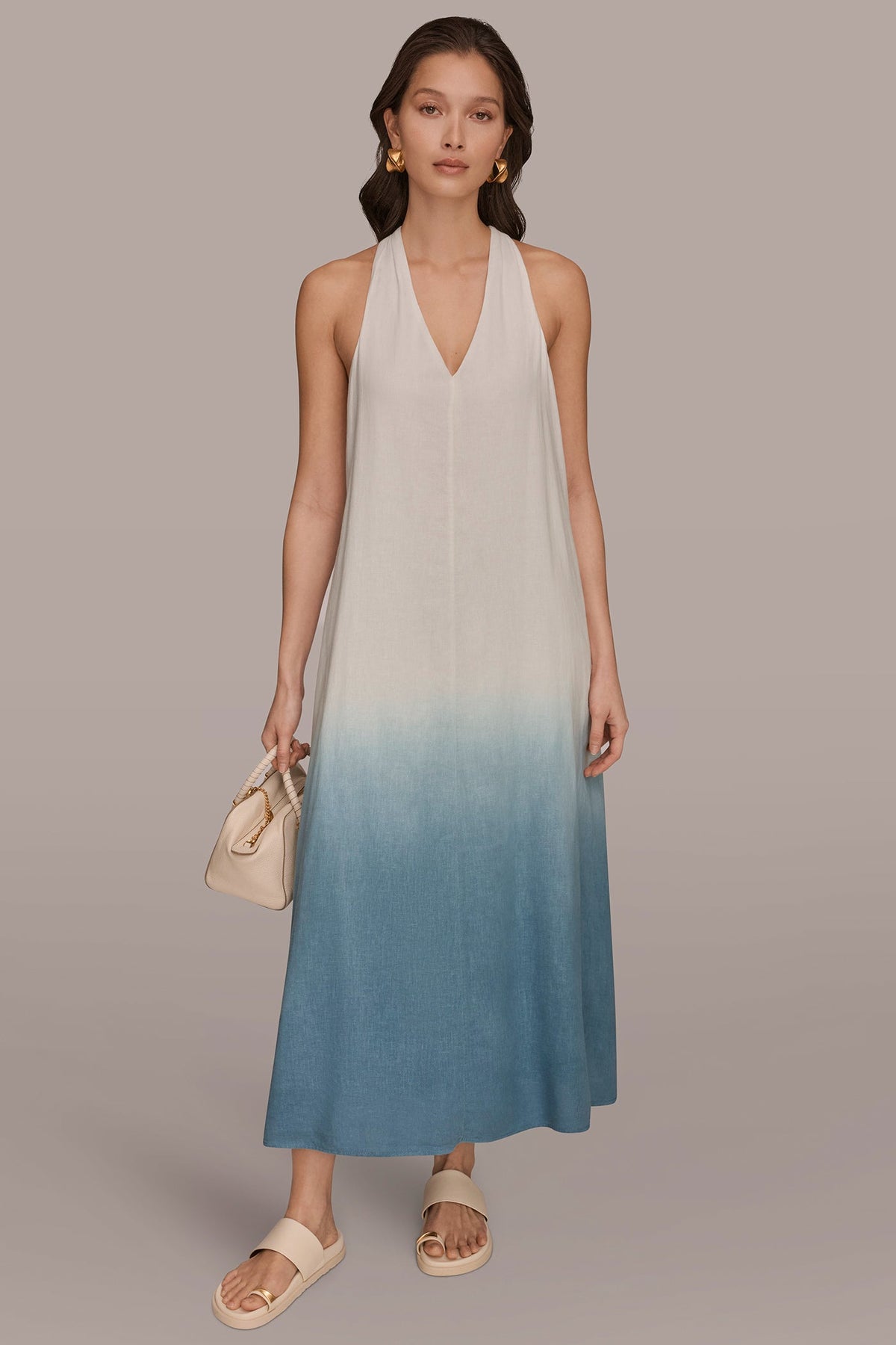 Donna Karan LINEN-BLEND SLEEVELESS OMBRÉ TWIST-BACK MIDI HALTER DRESS
