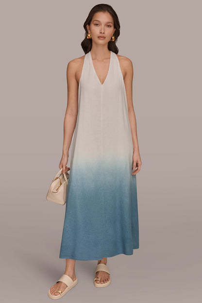 Donna Karan LINEN-BLEND SLEEVELESS OMBRÉ TWIST-BACK MIDI HALTER DRESS