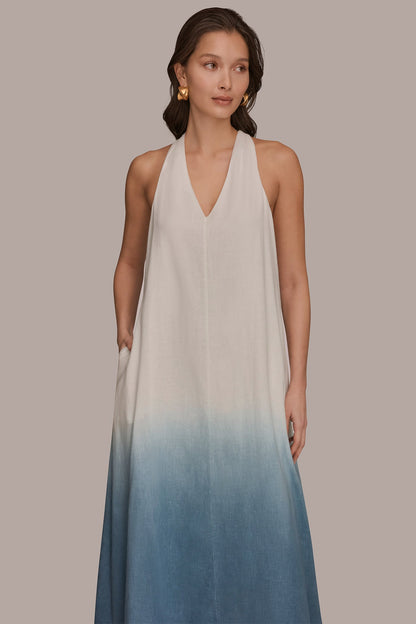 Donna Karan LINEN-BLEND SLEEVELESS OMBRÉ TWIST-BACK MIDI HALTER DRESS