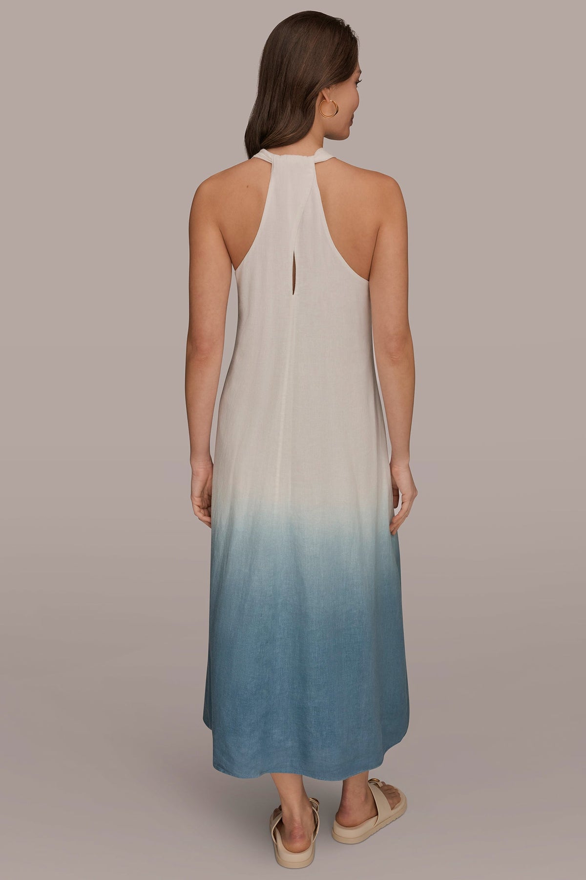 Donna Karan LINEN-BLEND SLEEVELESS OMBRÉ TWIST-BACK MIDI HALTER DRESS