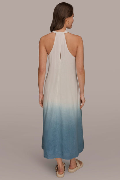 Donna Karan LINEN-BLEND SLEEVELESS OMBRÉ TWIST-BACK MIDI HALTER DRESS