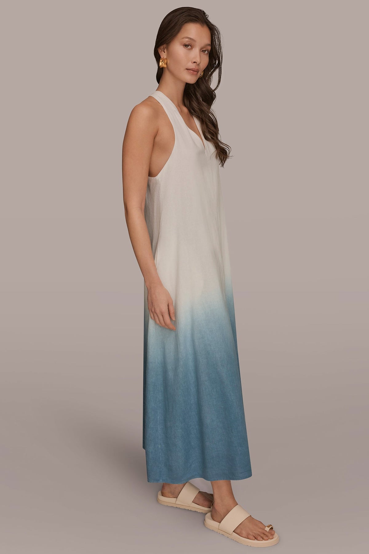 Donna Karan LINEN-BLEND SLEEVELESS OMBRÉ TWIST-BACK MIDI HALTER DRESS