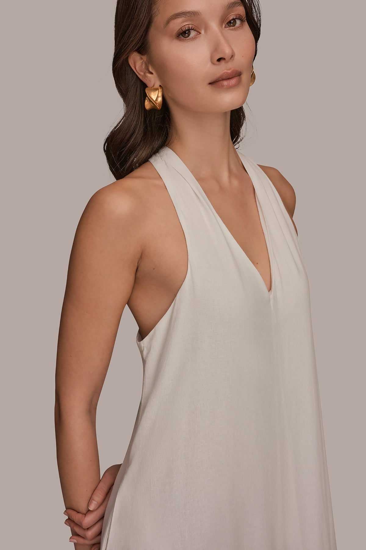 Donna Karan LINEN-BLEND SLEEVELESS OMBRÉ TWIST-BACK MIDI HALTER DRESS